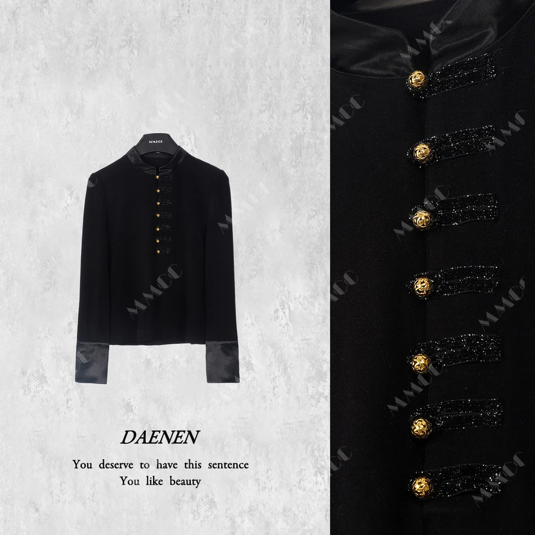 仫赐【黑金打底】新中式立领百搭打底衫2024款拜年服盘扣上衣E7027