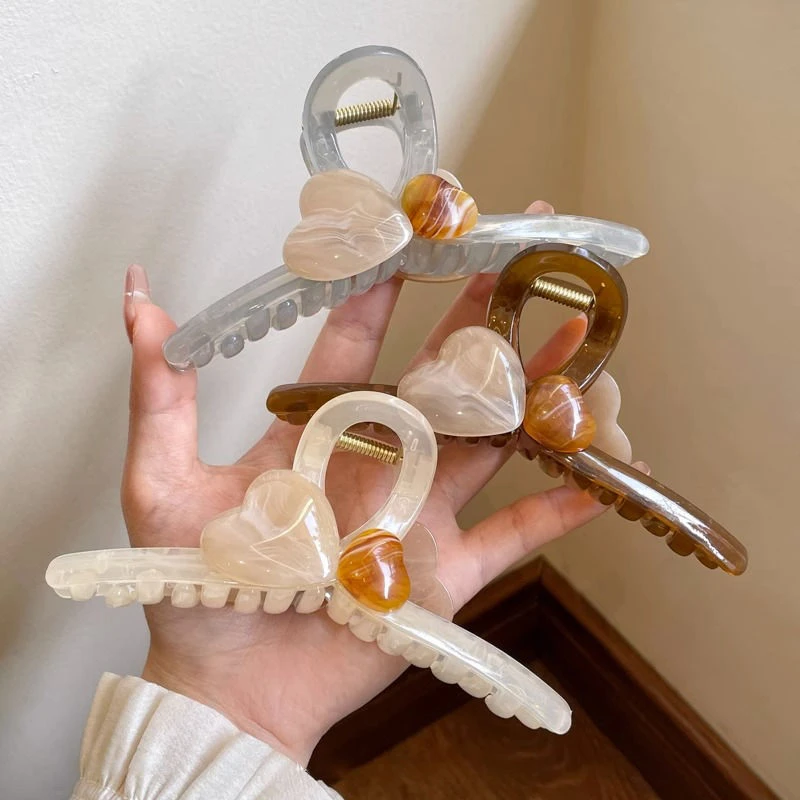 简约拼色爱心抓夹大号鲨鱼夹女发夹后脑勺碎发固定夹子百搭发卡子