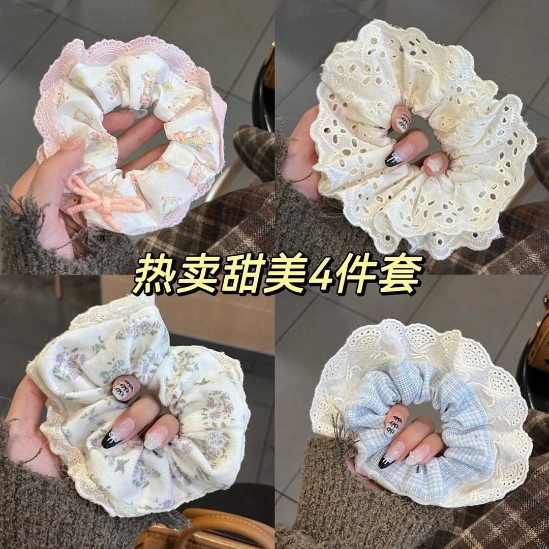 芭蕾ins风奶蓝格子重工烫钻蕾丝花边大肠发圈可爱奶油甜妹发绳女