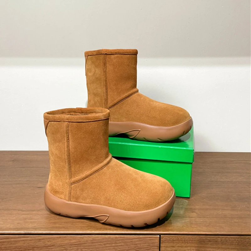 广州手工鞋/跟高4cm/冬季皮毛一体真皮雪地靴女短靴厚底保暖棉鞋