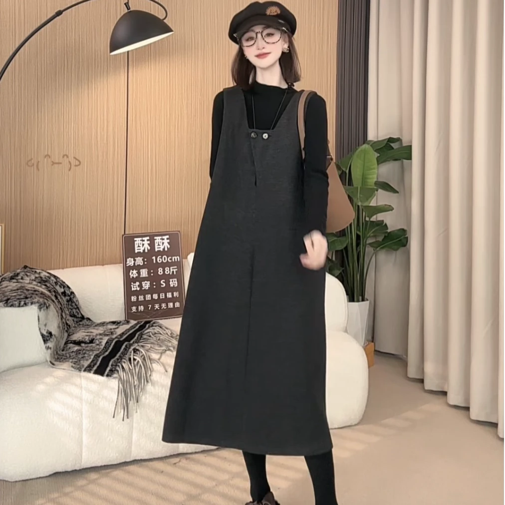 秋冬新款升级重磅面料前后两穿叠搭斜纹宽松羊毛背心裙