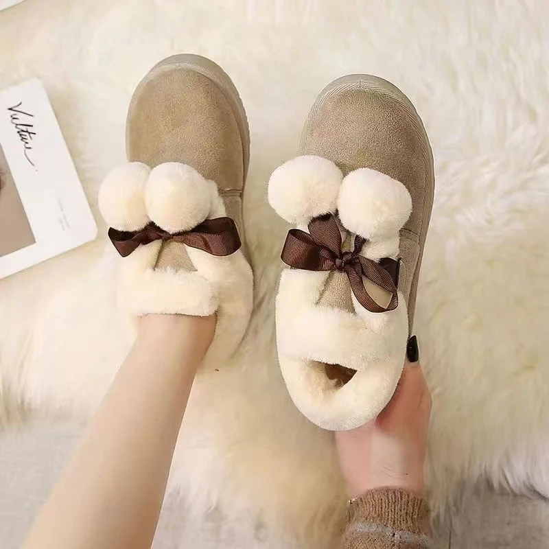 日系可爱蝴蝶结雪地靴女2024冬季新款加绒加厚保暖厚底一体棉996