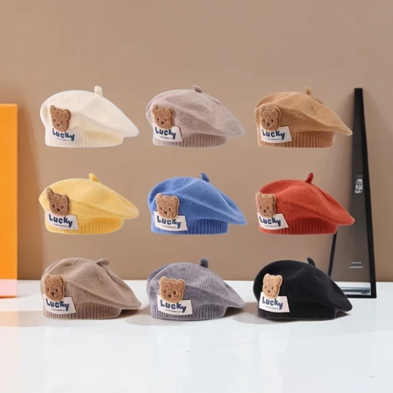 婴儿帽子贝雷帽秋冬季宝宝小熊婴幼儿针织男童儿童毛线画家毛线帽