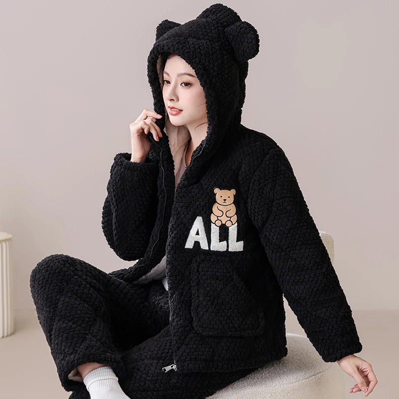 【帽子女熊】冬季新款睡衣女宽松加绒加厚保暖家居服连帽大码