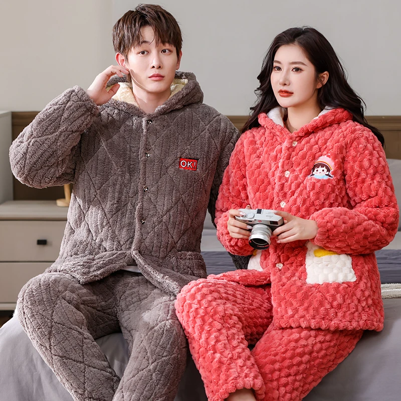 【帽子金龟绒】男女睡衣三层夹棉情侣冬季套装加厚家居服保暖加绒