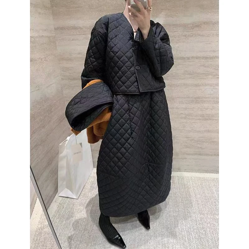 mlyr韩国格棉服套装女宽松休闲夹克外套+高腰半身裙两件套女