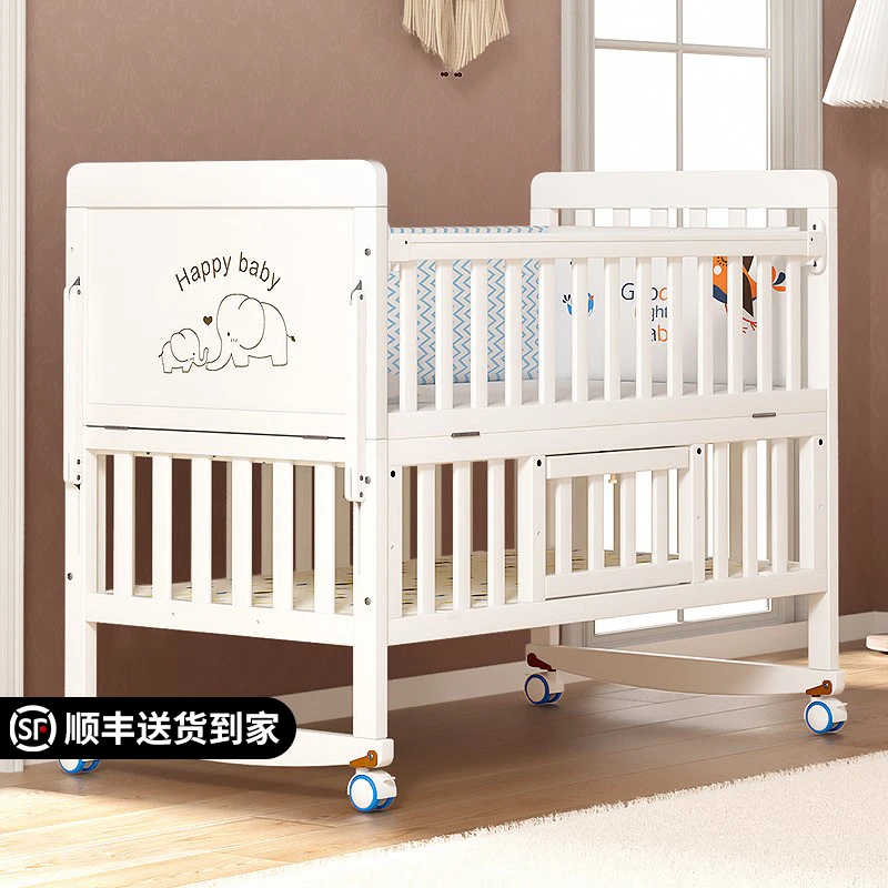 爱里奇白色实木欧式可移动新生儿宝宝多功能摇篮拼接大床拼接床