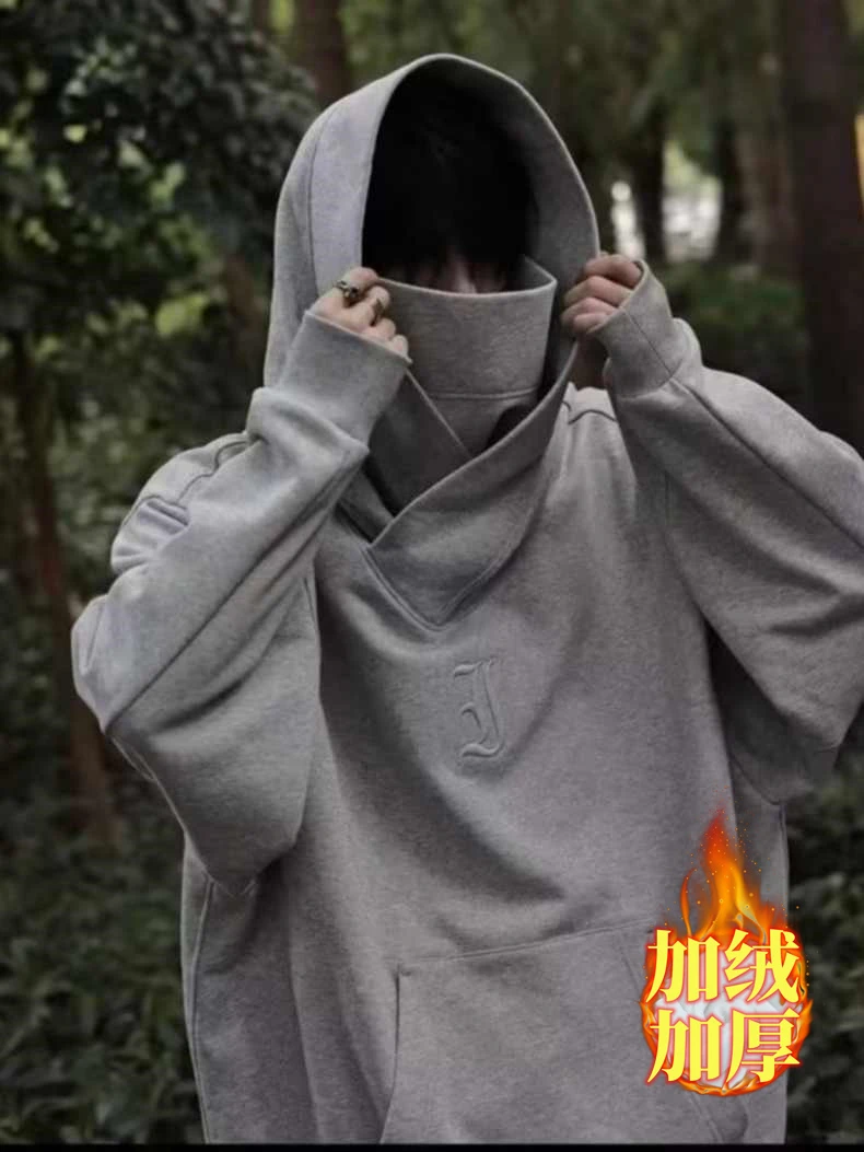 慵懒风重磅美式机能社恐卫衣春秋高领连帽黑色绒衫情侣休闲大码