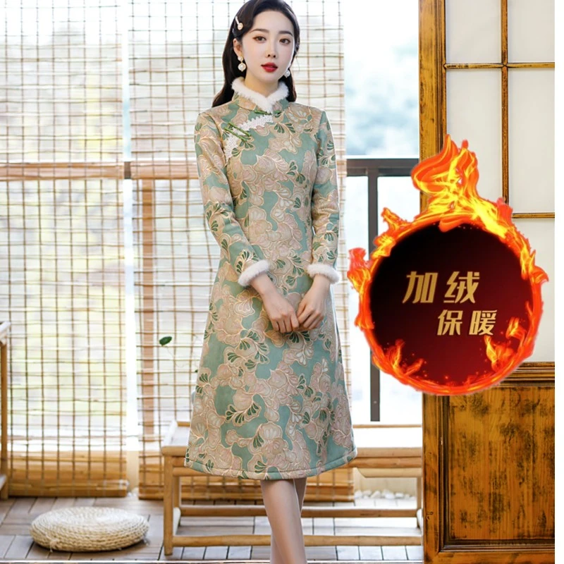 春秋冬款鹿皮绒旗袍 中国风旗袍显瘦显气质显年轻花好月圆he.
