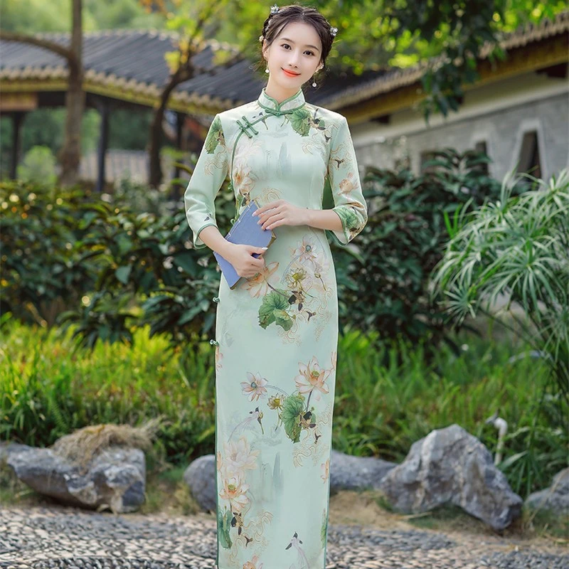 QJ.6257复古长袖旗袍女鹿皮绒秋装2022年新款清新淡雅连衣裙日常