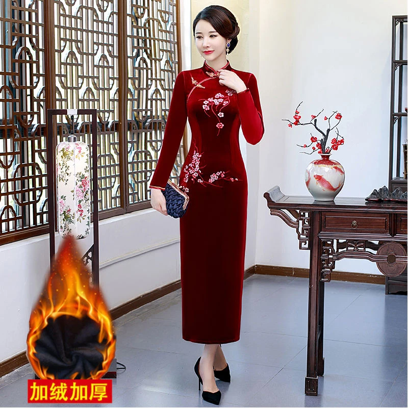 加绒加厚绣花旗袍金丝绒旗袍 显瘦显年轻 女连衣裙中国风旗袍