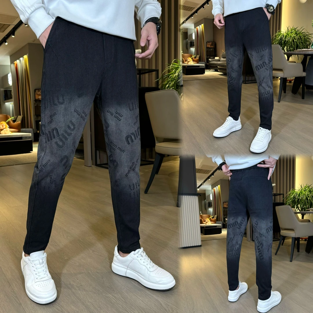 秋冬加厚加绒新款男士渐变色印花字母牛仔裤潮流百搭宽松裤子3220