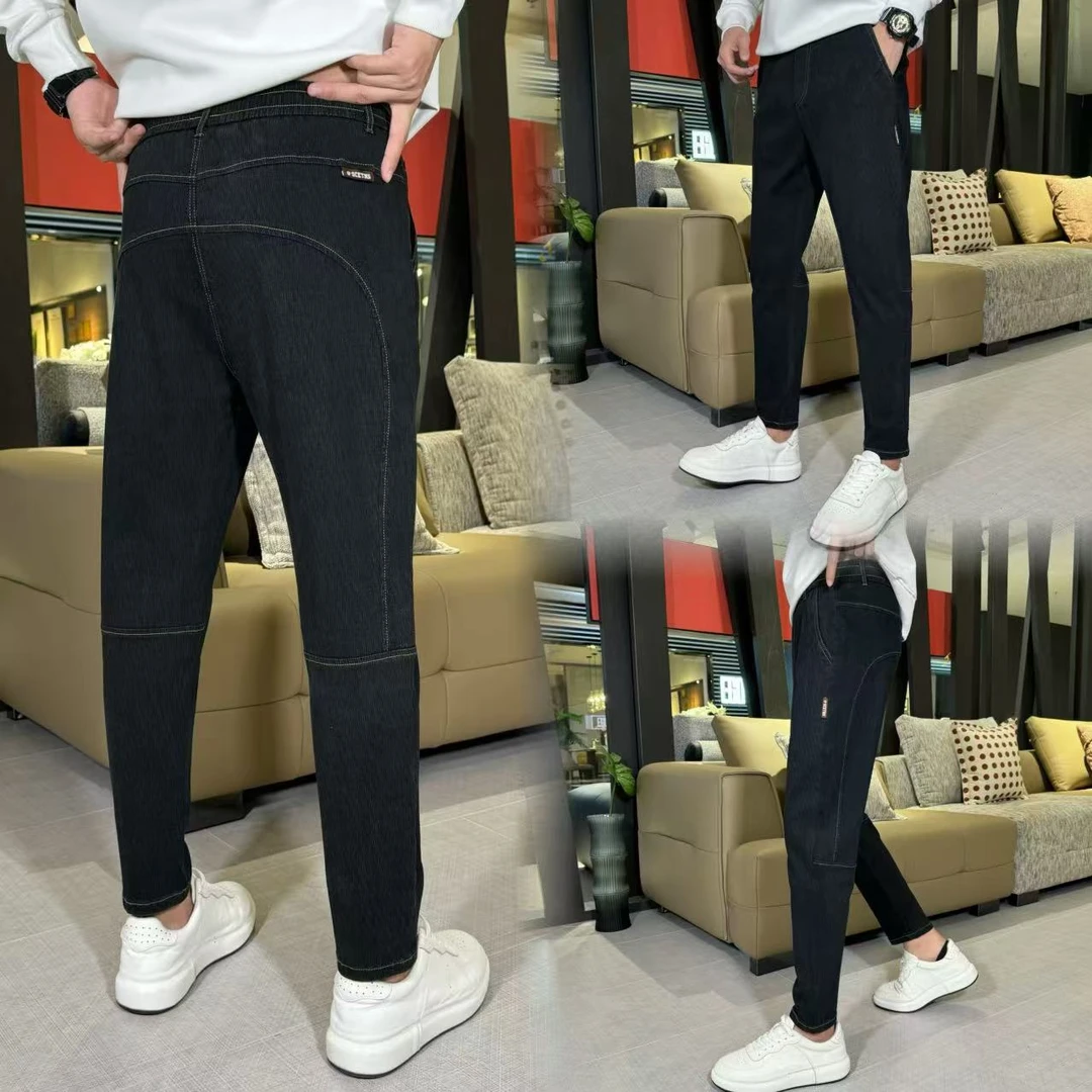 新款潮流百搭暗花牛仔裤男士简约宽松直筒裤松紧腰弹力哈伦裤3107