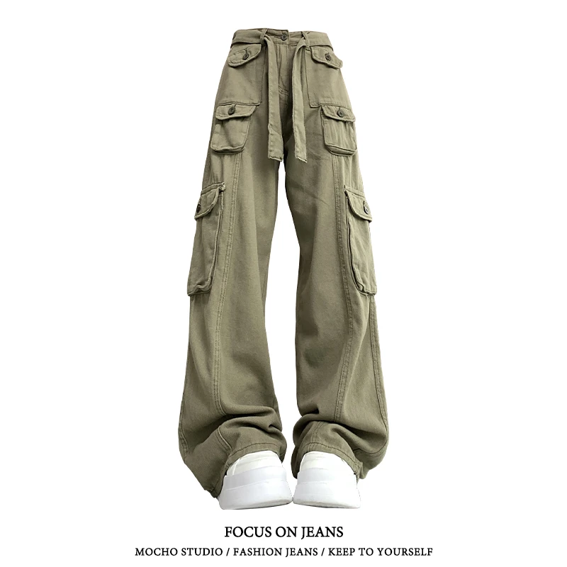 美式复古多口袋工装牛仔裤女春秋款高街设计感高腰直筒宽松阔腿裤