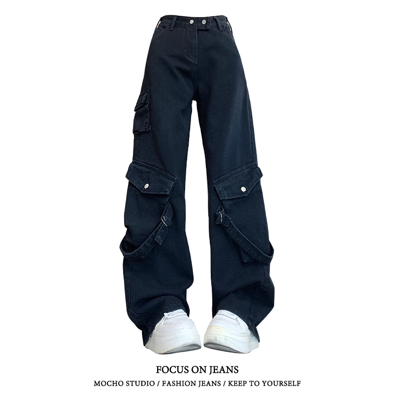 美式高街设计感工装牛仔裤女春秋款复古高腰直筒宽松显瘦阔腿裤子