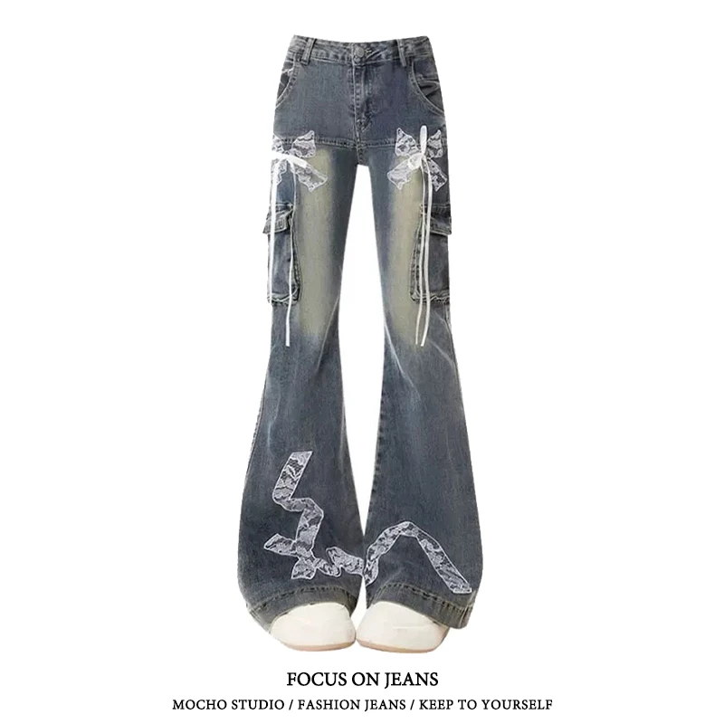 美式复古蕾丝蝴蝶结微喇牛仔裤女春秋款辣妹高街设计感显瘦喇叭裤