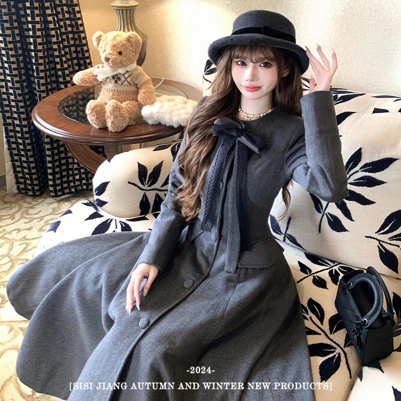 SISI JIANG"格雷千金"法式赫本风蝴蝶结收腰大衣