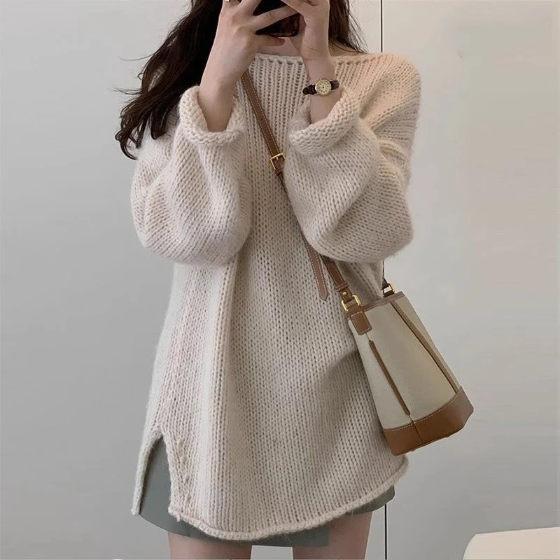 慵懒高级感粗针中长款毛衣女韩版设计感小众米杏色针织衫套头上衣
