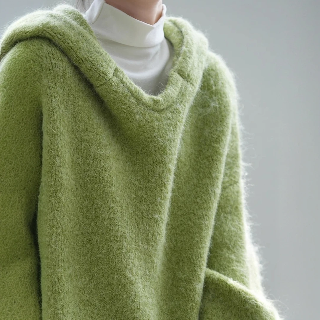 气质法式高级感绿色连帽卫衣女秋冬季宽松慵懒针织加厚毛衣外穿潮