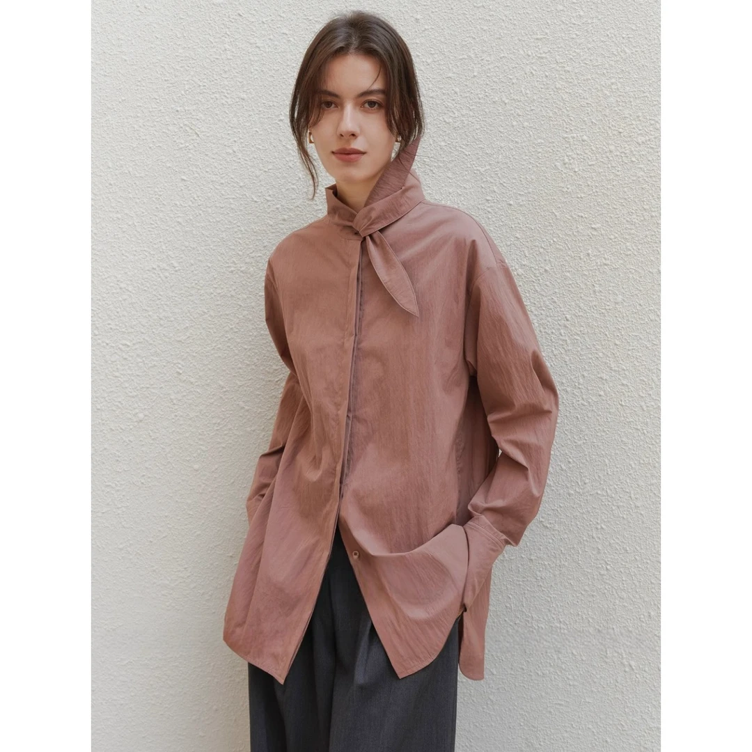 新款春秋新款微褶长袖飘带领衬衫女法式中长款设计感正装漂亮衬衣