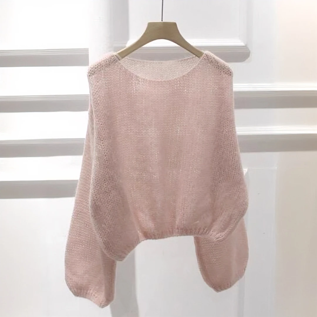 温柔简约灯笼袖氛围感粉色针织衫女秋冬季宽松长袖慵懒风短款毛衣