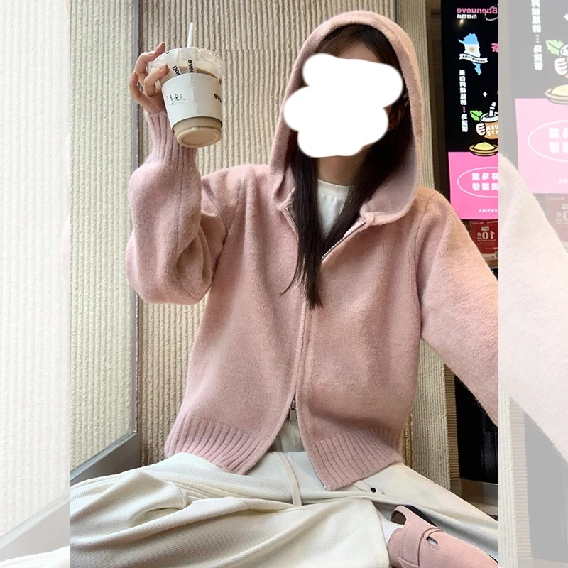 新款秋冬设计感双拉链粉色连帽针织衫开衫加厚毛衣外套女慵懒风