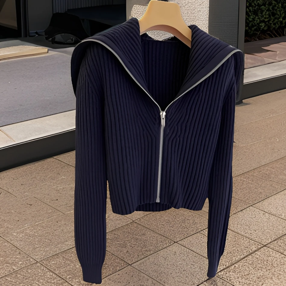 欧货大翻领短款拉链针织开衫秋冬设计感小众海军领毛衣外套上衣女