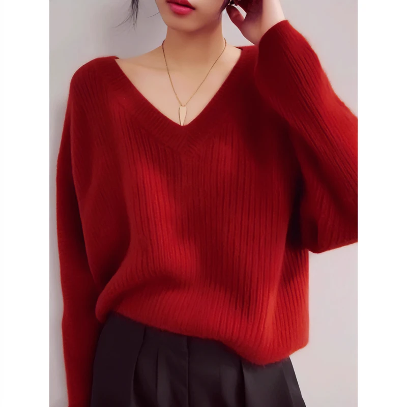 过年大红色v领毛衣女秋冬2024龙本命年短款针织衫新年高级感上衣