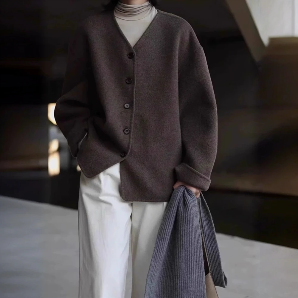 新款复古疏离感v领毛呢外套女秋冬冷淡系高级感开衫夹克呢子上衣
