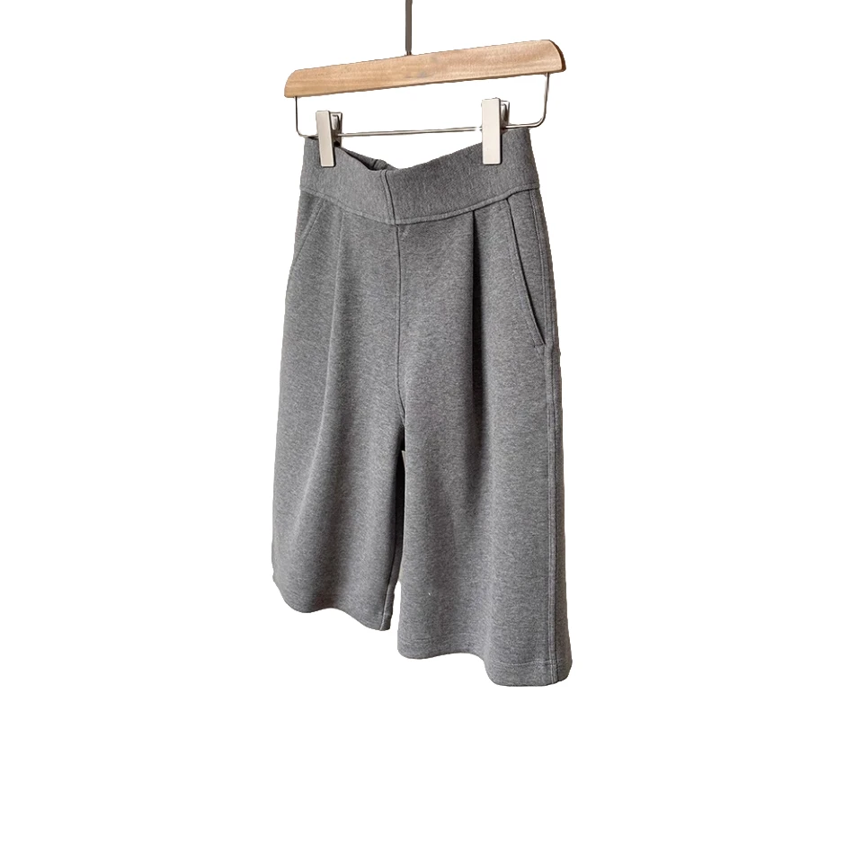 休闲运动风灰色宽松显腰阔腿短裤百搭高腰五分中裤百慕大裤子女夏