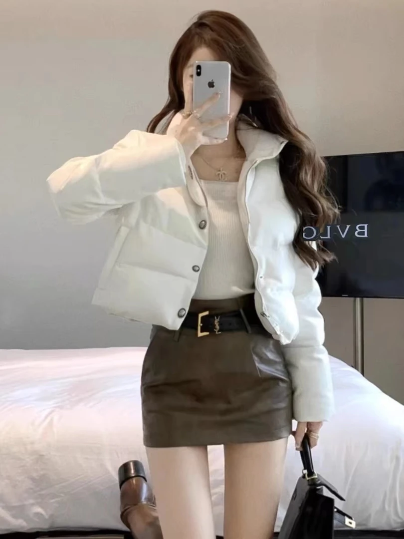 高级感PU皮衣白色棉袄棉服女小个子加厚保暖短款面包棉衣外套秋冬