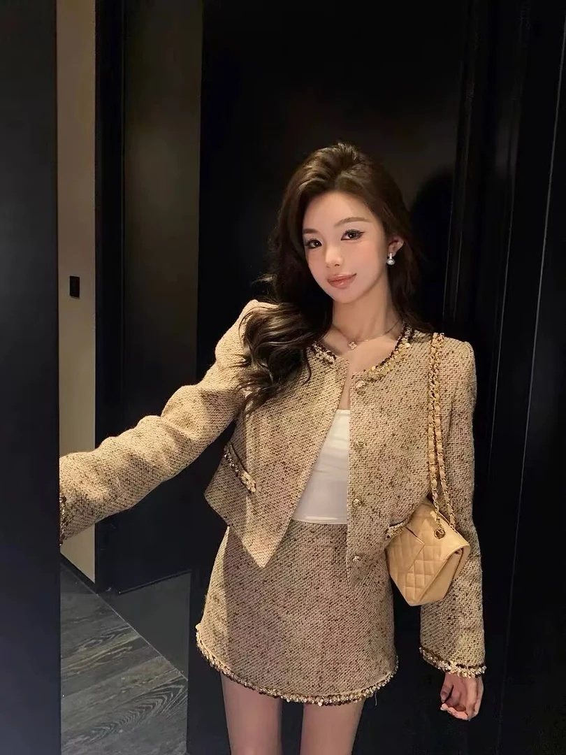 2024秋季新款短款外套小香风名媛气质套装女百褶半身裙两件套女装