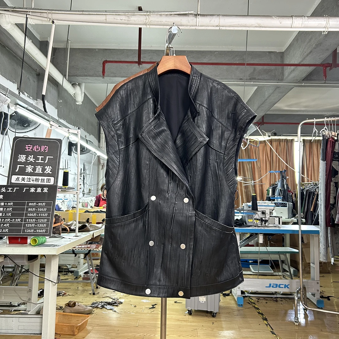 3319进口A级无涂层绵羊皮宽松无袖潮流休闲个性时尚百搭设计师