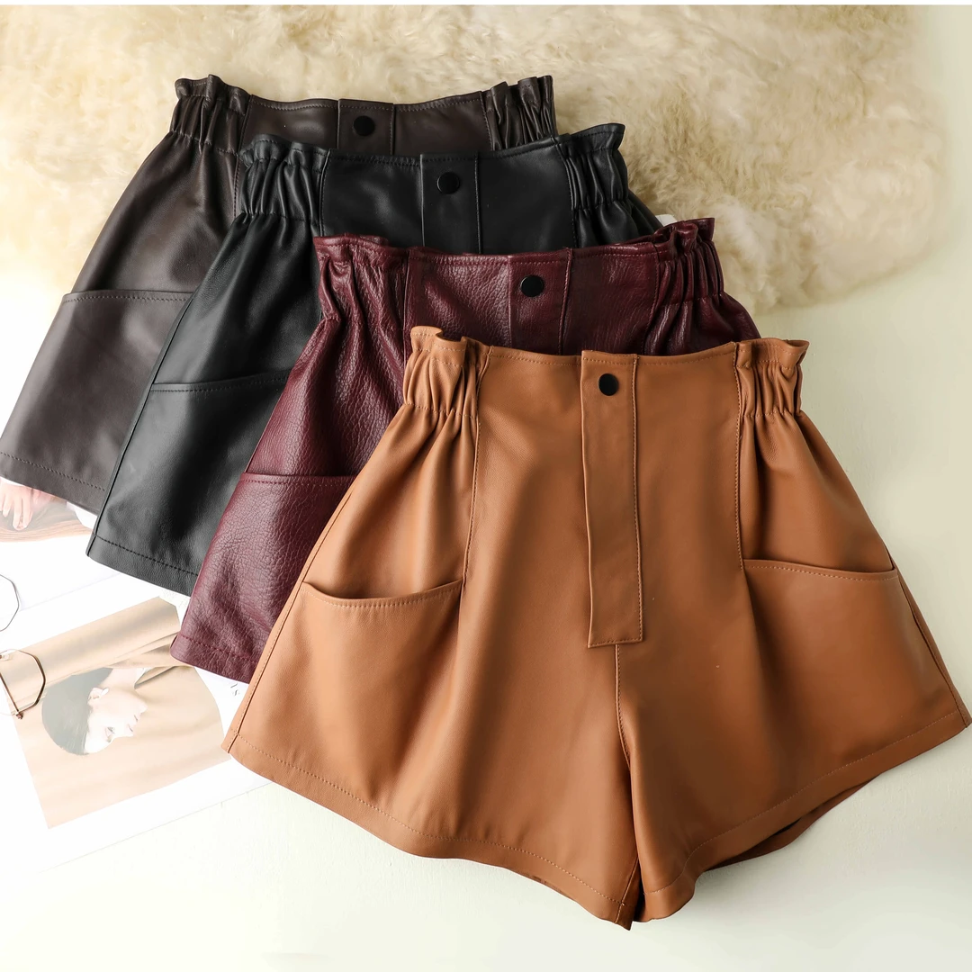 洋气大码皮短裤高腰显瘦百搭阔腿休闲裤时尚松紧腰A字宽松皮裤女