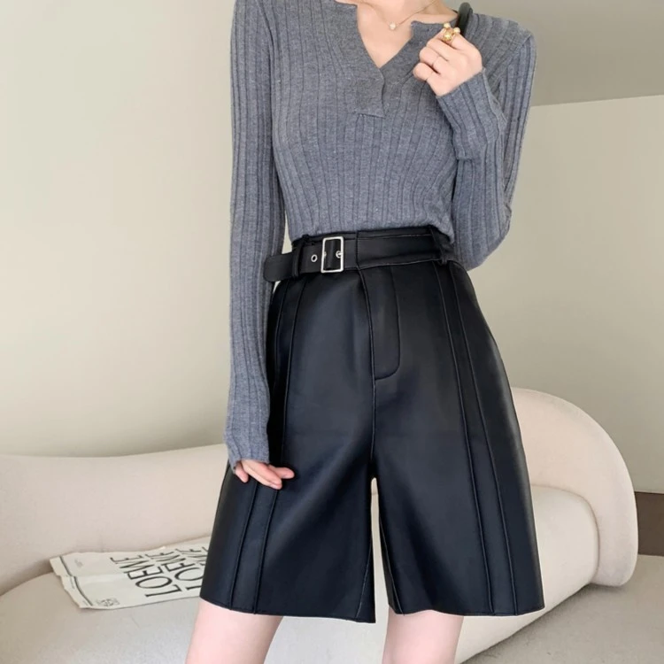 Q916秋冬宽松韩版夏季外穿五分阔腿短裤黑色高腰休闲百搭显瘦