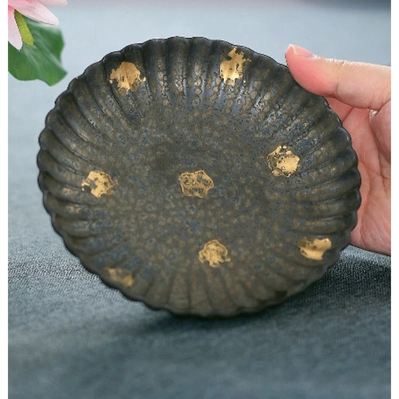 【非遗茶空间】铁霜釉洒金薄胎筋文菊花盘壶承DC-440 中式茶具茶器