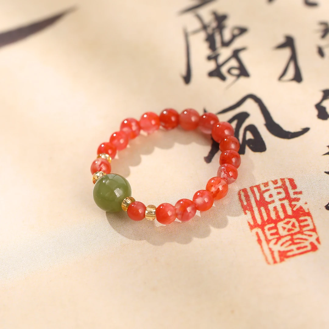 醉晚南红碧玉戒指