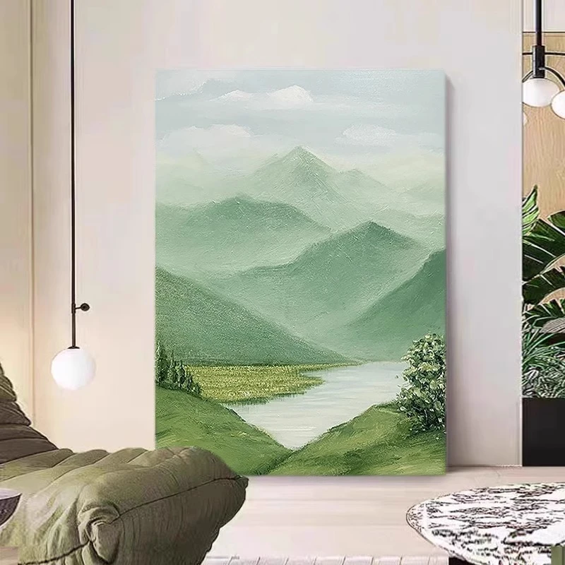纯手绘油画客厅奶油风装饰画玄关风景壁画山水壁画浅绿色丙烯挂画