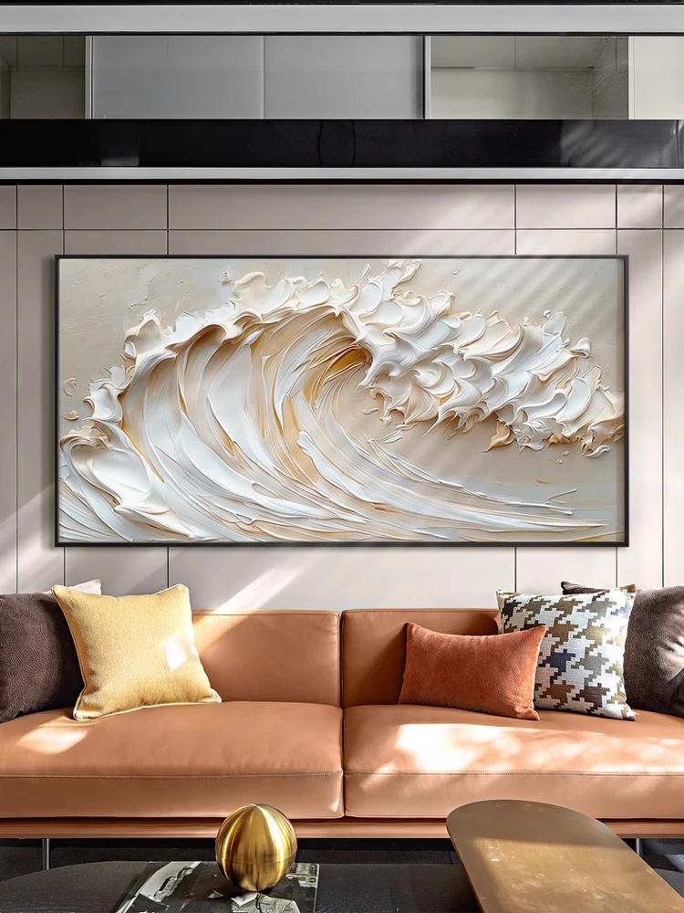 纯手绘油画抽象横款奶油风挂画轻奢简约高级感沙发背景墙装饰壁画