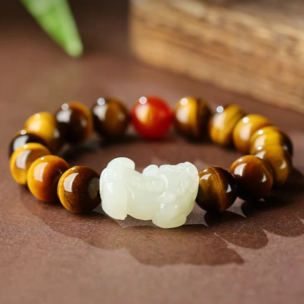 和田玉貔貅手链男士招财黄虎眼手串黄虎睛木变石情侣单圈玉石礼物