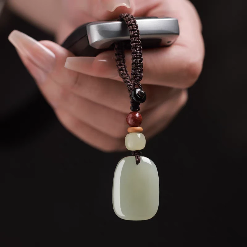 天然和田玉平安无事牌汽车钥匙扣挂件高档男女情侣款玉石钥匙吊坠