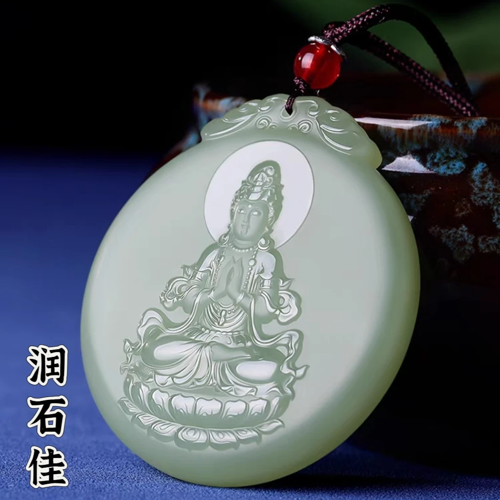 和田玉湖水绿观音吊坠菩萨玉佩男女款禅意观音玉牌保平安玉石项链