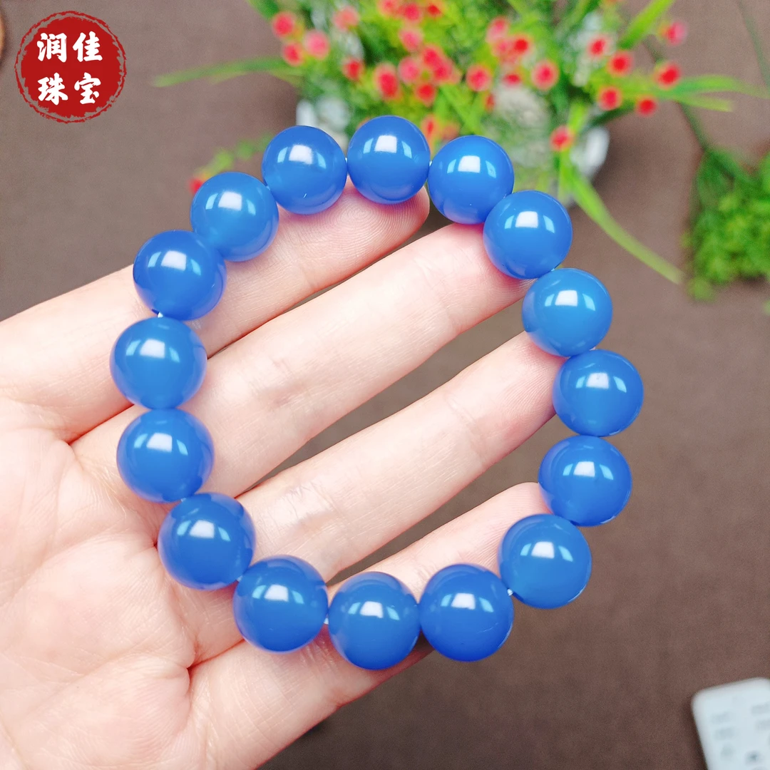 润石佳天然蓝色玛瑙手串玉髓手链佛珠手串男女款情侣款学生礼物