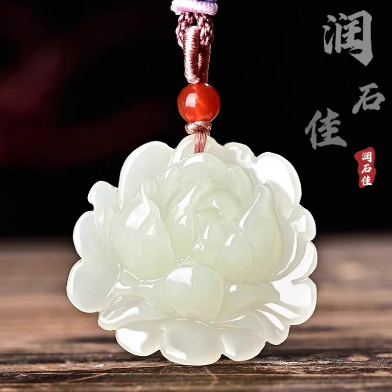 天然新疆和田玉花开富贵吊坠手工雕刻读手工雕刻玉佩挂件时尚礼物