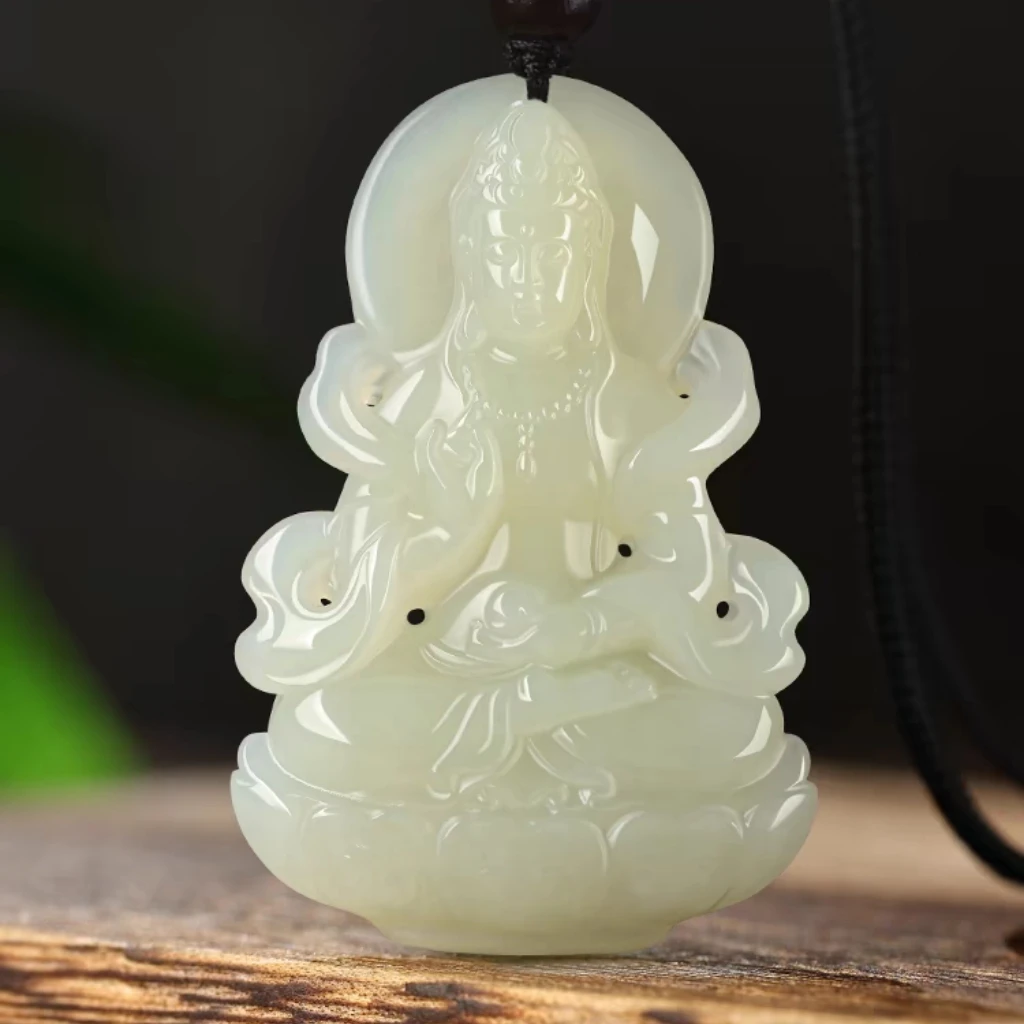 天然和田玉绿度母玉吊坠护身符玉石挂件玉佩男款女观音头玉坠玉器