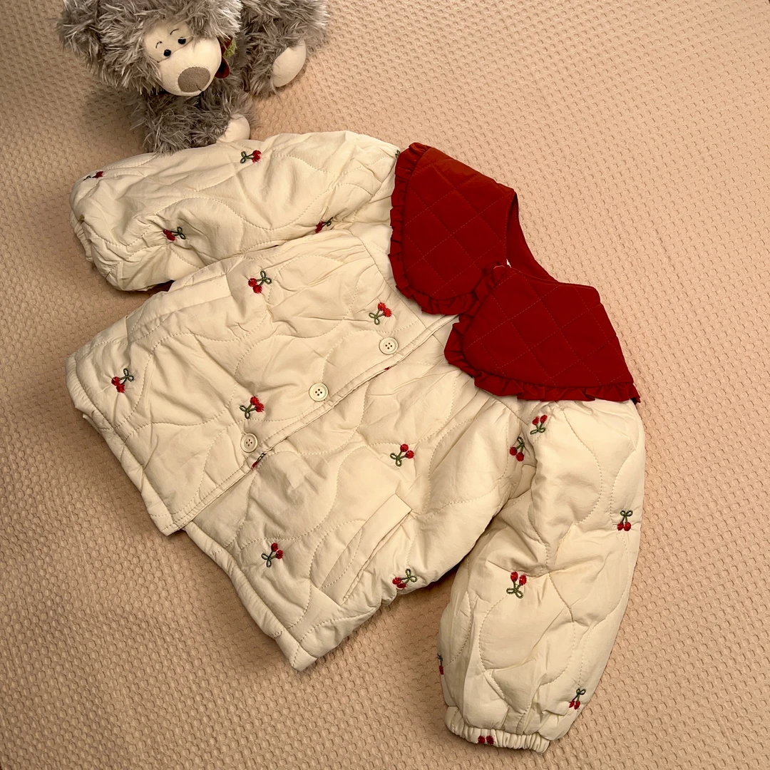 女童樱桃加厚女宝翻领绣花甜美保暖棉内胆红色印花棉服9508