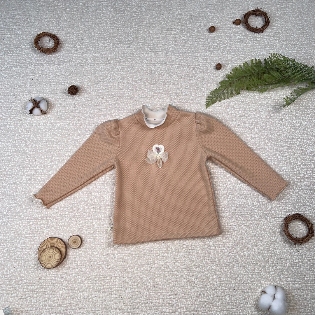 小童女长袖休闲打底纯色爱心小花时尚百搭时尚简约加绒卫衣9519