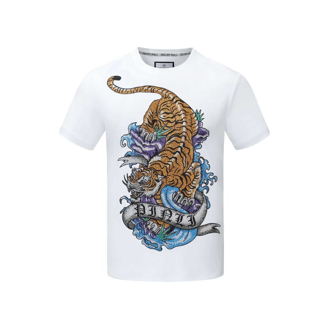 PHILIPP PINLI3D轻奢重工烫钻骷髅圆领半袖修身液氨匹马棉男士T恤