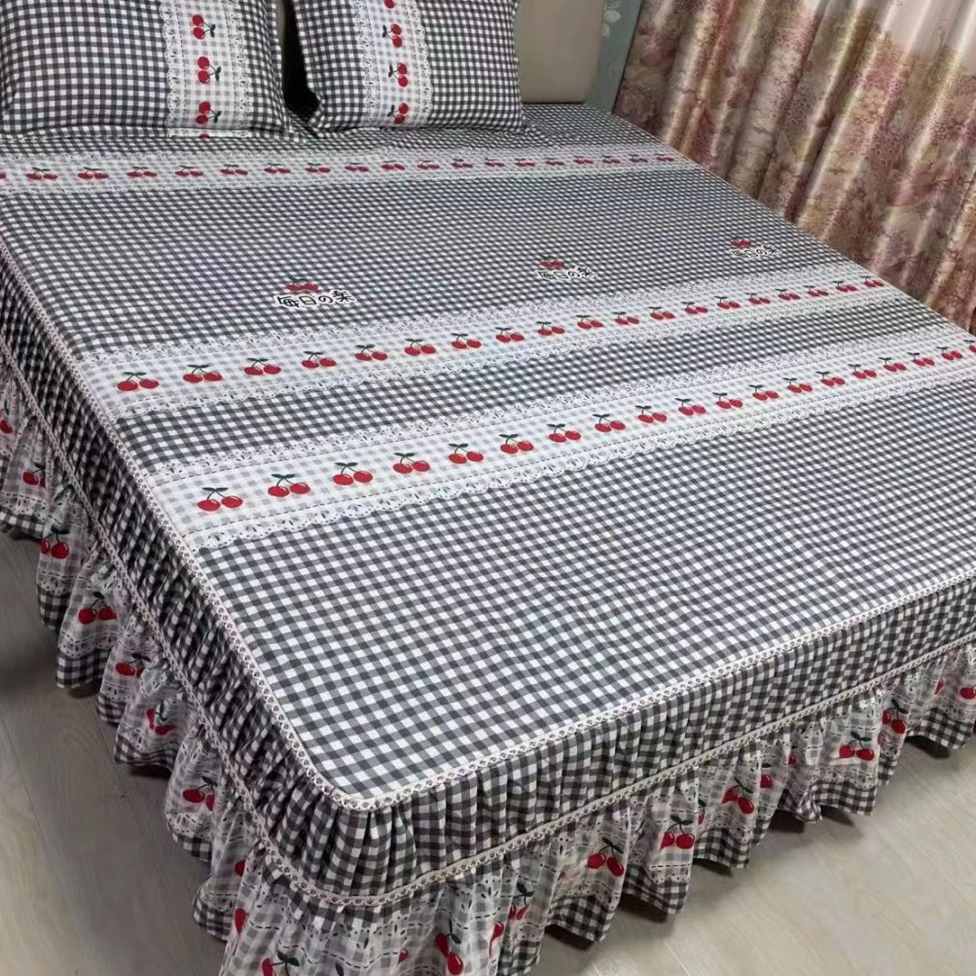 夏季新款樱桃格子床罩加厚磨毛防滑高档蕾丝花边床罩四季通用