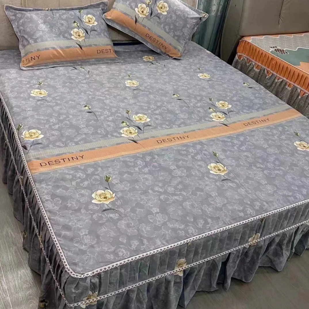 加厚高档亲肤纯棉床裙磨毛防滑四季通用花边床罩床套罩床套裙边